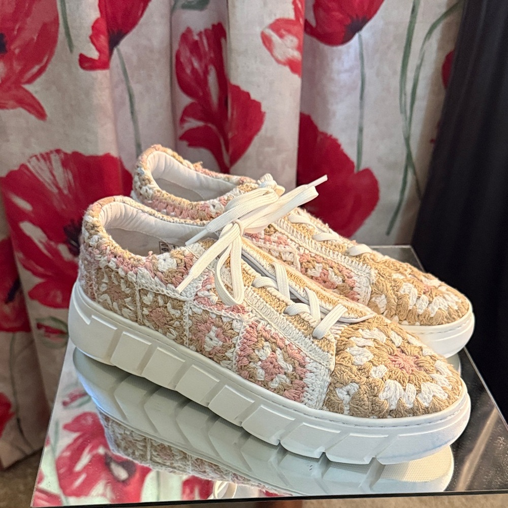 Free People Crochet Sneakers in Pink and Cream